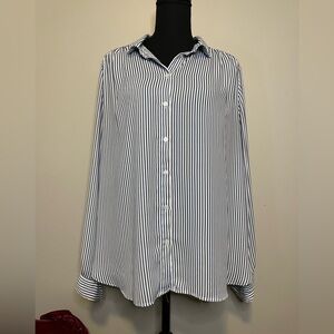 Blue and White Striped Button Down Blouse Shirt - Large